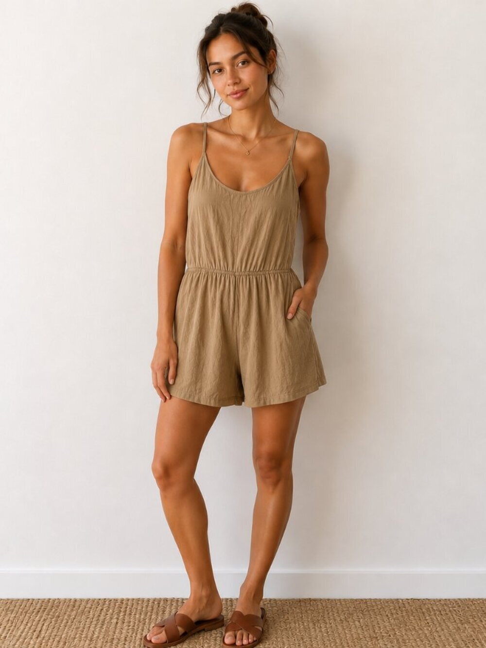 Oak + Fort Rayon Flow Drapey Romper Beige Tan Size Medium
